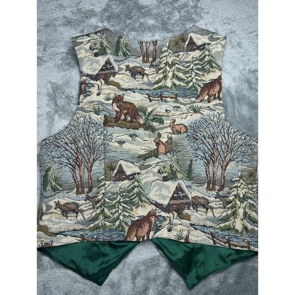 Vintage 90’s Tapestry Vest Fox Trees Snow Winter Birds Bunnies Cottagecore Large - Picture 2 of 9